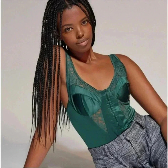 Urban Outfitters Green Satin & Lace Corset Bustier Bodysuit Out from Under Sz XS - Picture 1 of 10